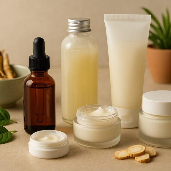 Korejska kozmetika z naravnimi sestavinami – set krem, serumov in tonikov z ginsengom in rastlinskimi izvlečki.