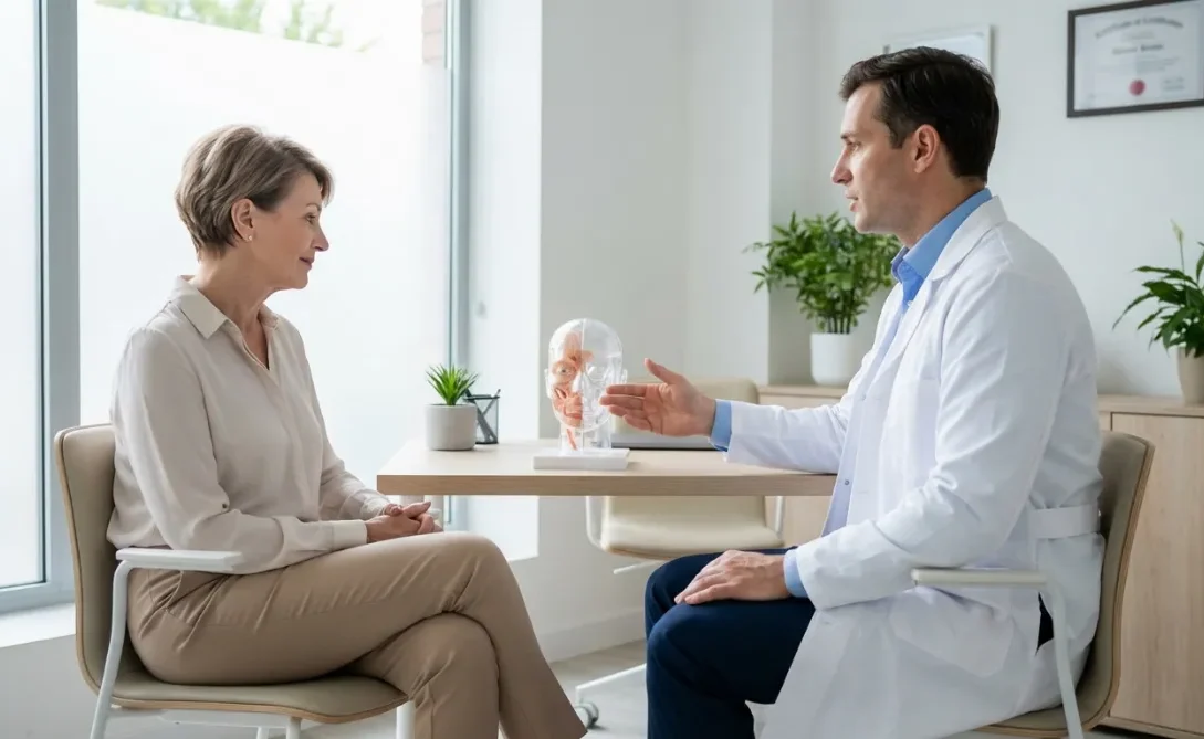 Estetski kirurg in pacientka se pogovarjata o možnostih pomlajevanja obraza v moderni kliniki.