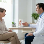 Estetski kirurg in pacientka se pogovarjata o možnostih pomlajevanja obraza v moderni kliniki.