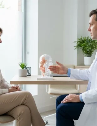 Estetski kirurg in pacientka se pogovarjata o možnostih pomlajevanja obraza v moderni kliniki.