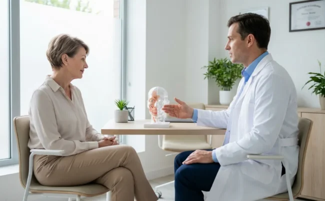 Estetski kirurg in pacientka se pogovarjata o možnostih pomlajevanja obraza v moderni kliniki.