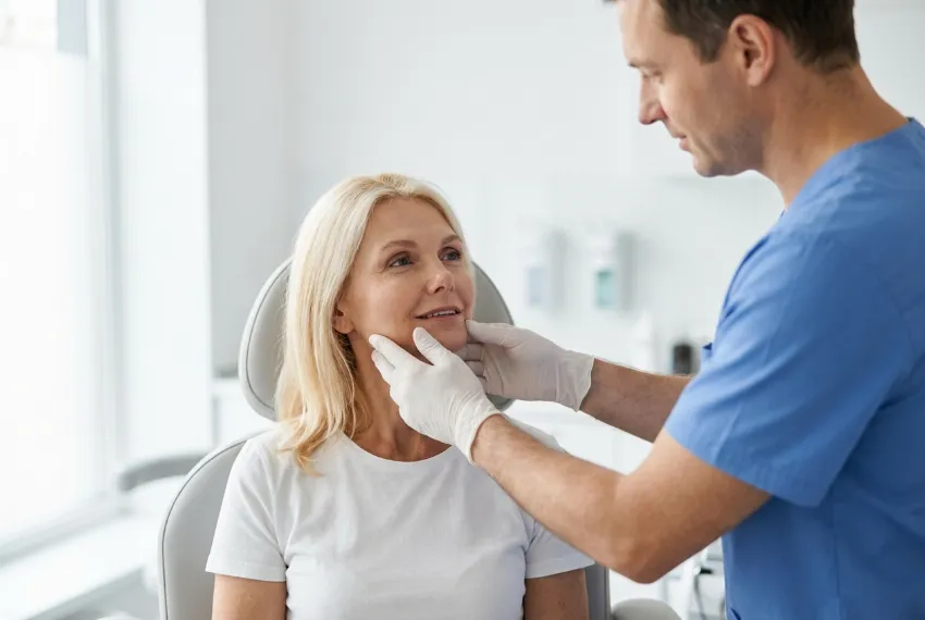 Estetski kirurg natančno pregleduje povešeno kožo na čeljustni liniji pacientke.